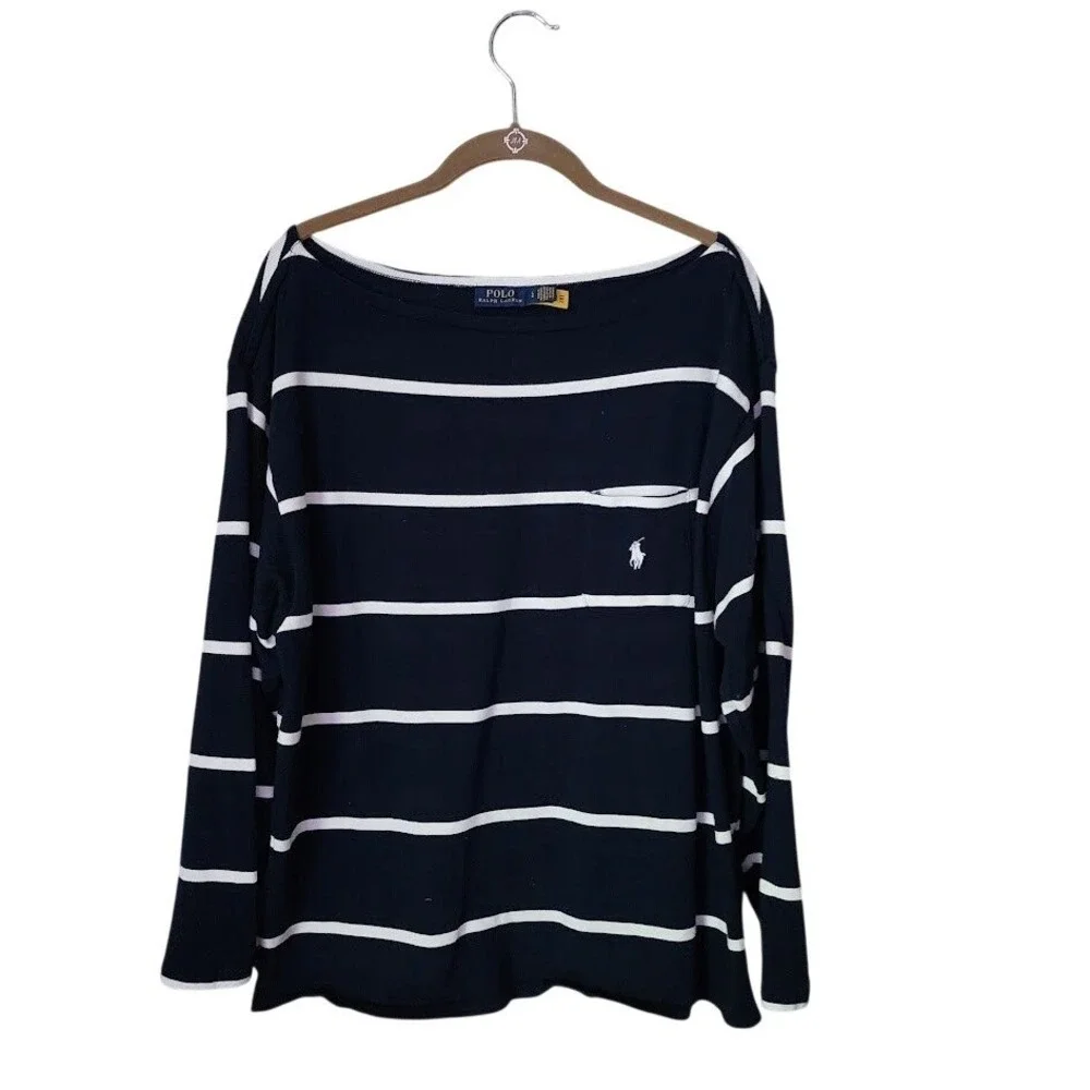 POLO RALPH LAUREN Boatneck Stripe Top Navy White Nautical Fishermancore L - Picture 2 of 7